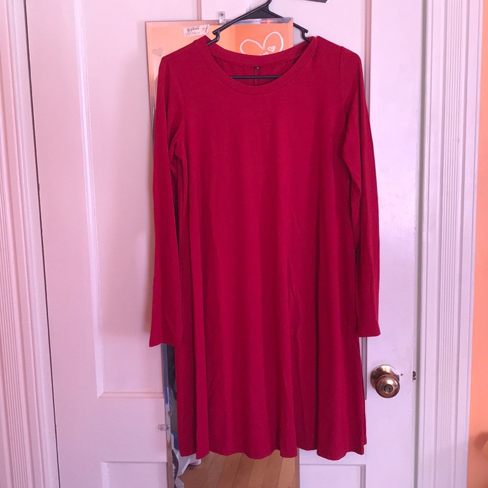 Red Long-Sleeved Midi Dress